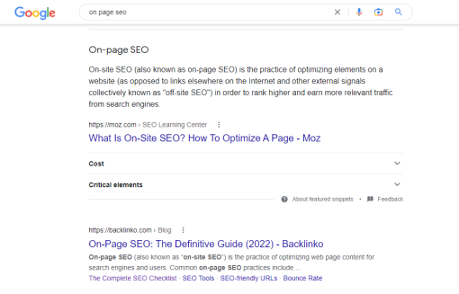 On Page SEO google search result page
