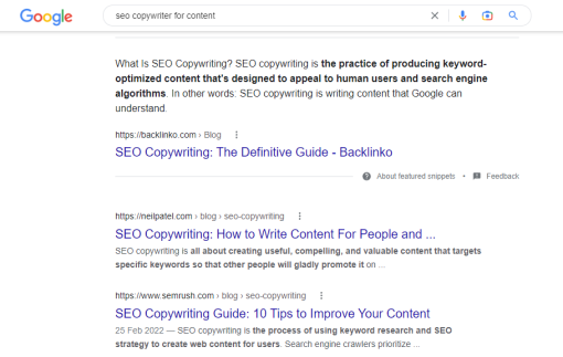 Content creation and copywriting google search result page